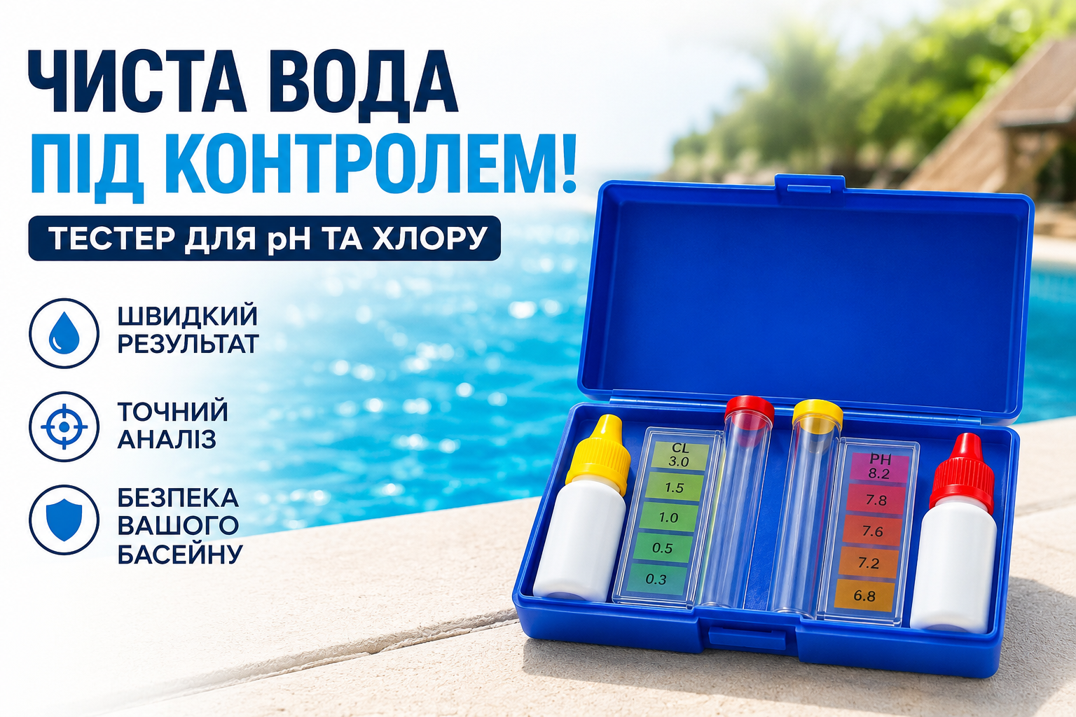 Капельный тестер для бассейна pH и хлора (Cl) в воде, комплект для анализа качества воды