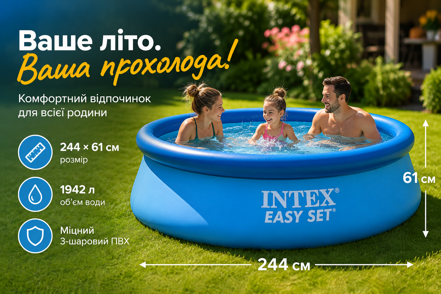 Надувний басейн Intex Easy Set 28106, 244×61 см, 1942 л, сімейний круглий басейн для дачі та двору