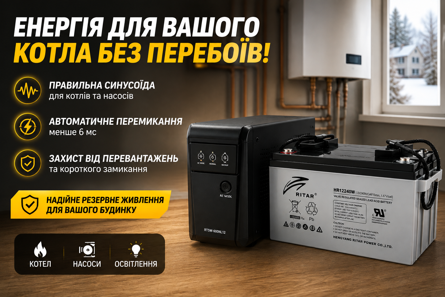 Комплект резервного живлення Ritar RTSW-600NL12 LED 360 Вт + AGM акумулятор Ritar HR12240W 12 В 65 А·год для котла