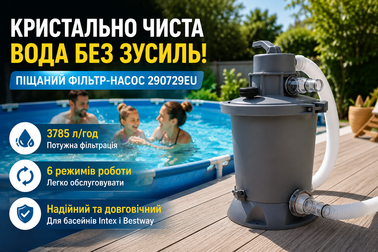 Песочный фильтр-насос Intex 290729EU 3785 л/ч для каркасных и надувных бассейнов, 220–240 В, комплект со шлангами