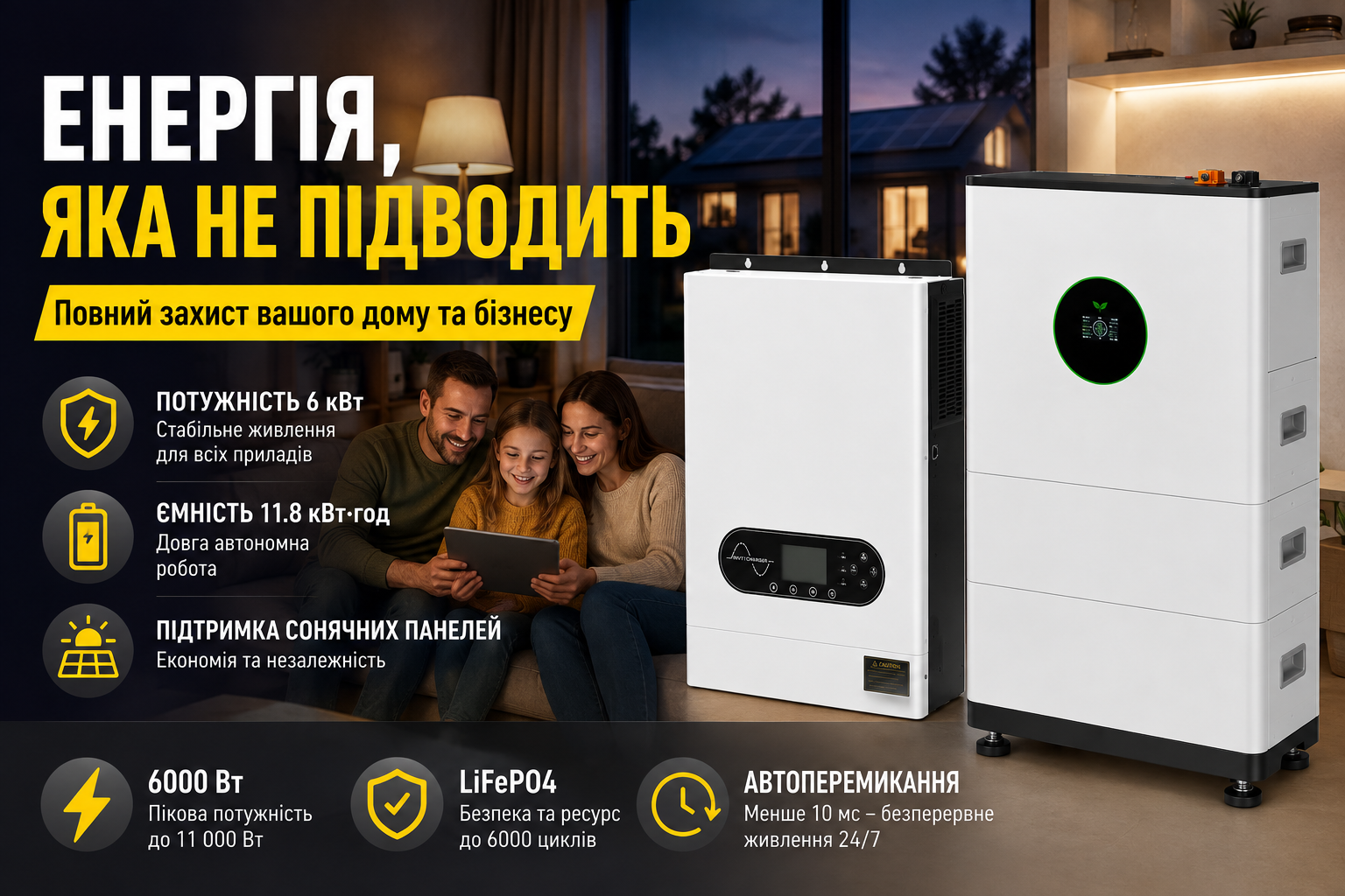 Комплект резервного живлення MUST PV18-6048ECO 6 кВт + акумулятор FelicityESS FLA48230-EU LiFePO4 51.2V 230Ah 11.8 кВт·год