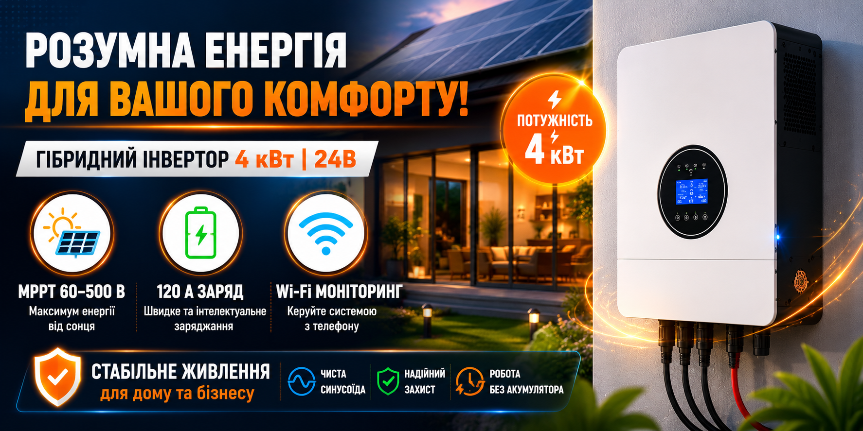 Гибридный инвертор Felicity IVEM4024-II 4 кВт 24 В MPPT 60–500 В 120 А, Wi-Fi, чистая синусоида