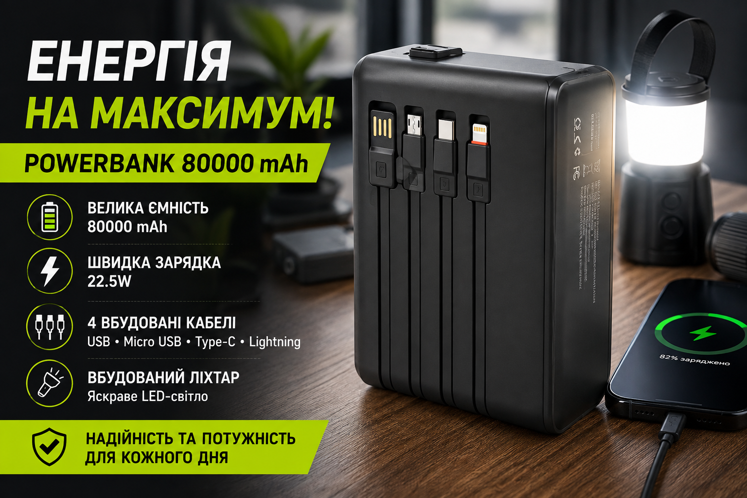Powerbank ACL PW-152 80000 mAh 22.5W з 4 кабелями та ліхтарем чорний