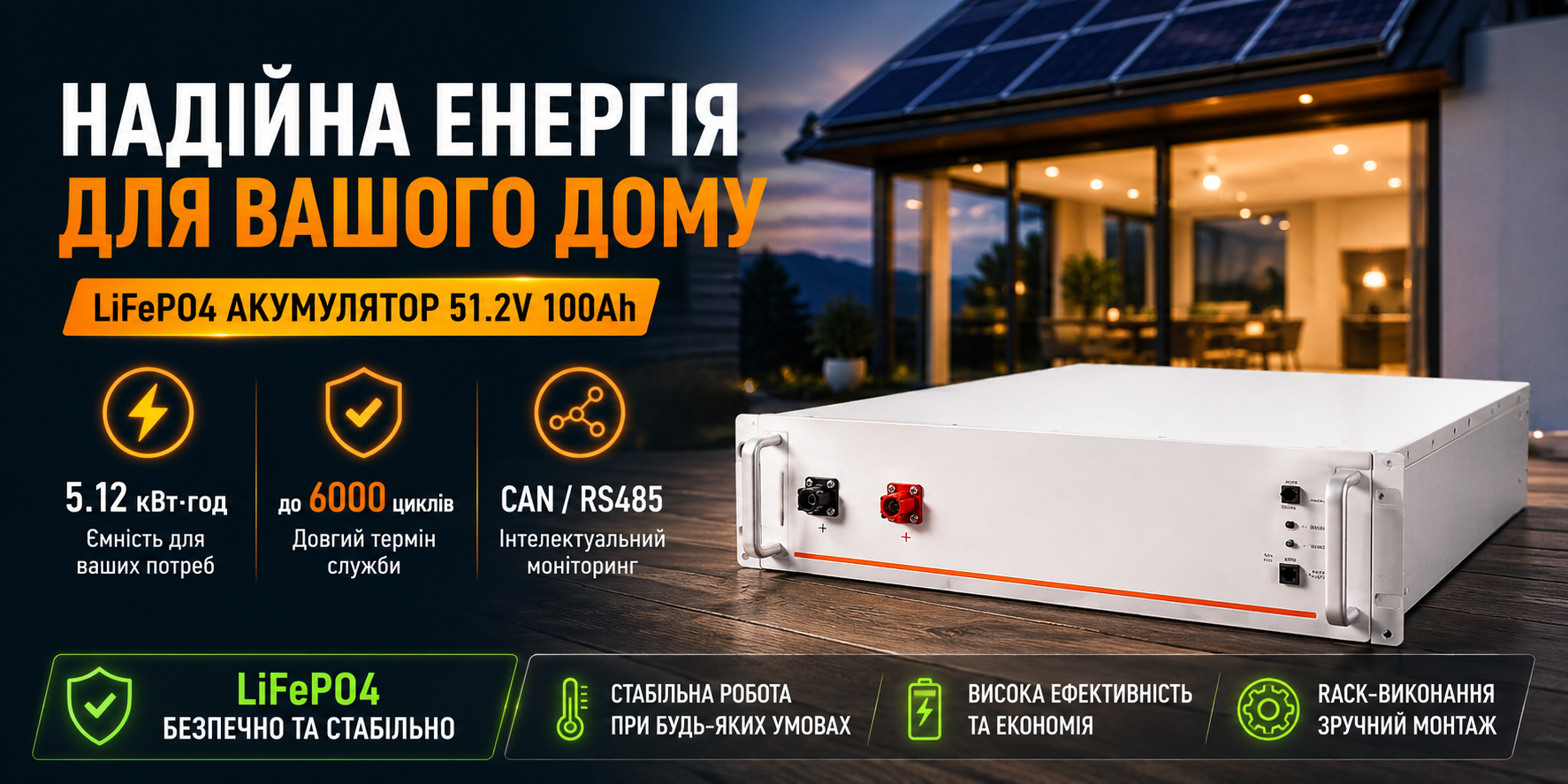 Акумулятор LiFePO4 FelicityESS FLH48100UMG2 51.2 В 100 А·год 5.12 кВт·год Rack CAN RS485 BMS IP21 6000 циклів