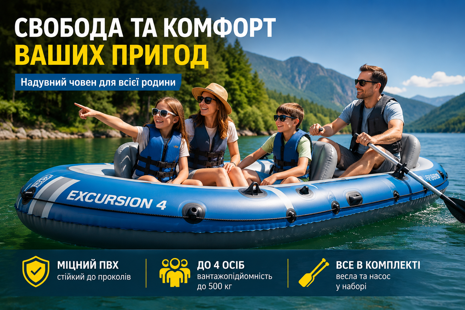 Четырехместная надувная лодка Intex Excursion 4 Set 66324, 315×165×43 см, до 500 кг, весла и насос в комплекте