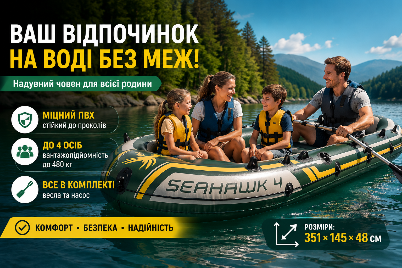 Надувная лодка Intex Seahawk 4 Set 68351, 351×145×48 см, 4-местная, весла и насос в комплекте, грузоподъемность 480 кг