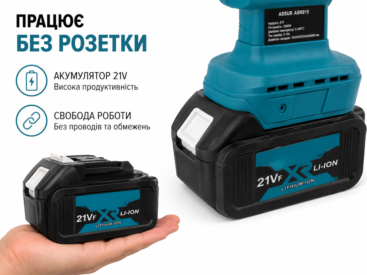 Акумуляторний РР термоплавкий апарат ASSUR ASR915 21V у кейсі з аксесуарами, 2 акумулятори 3000 мАг