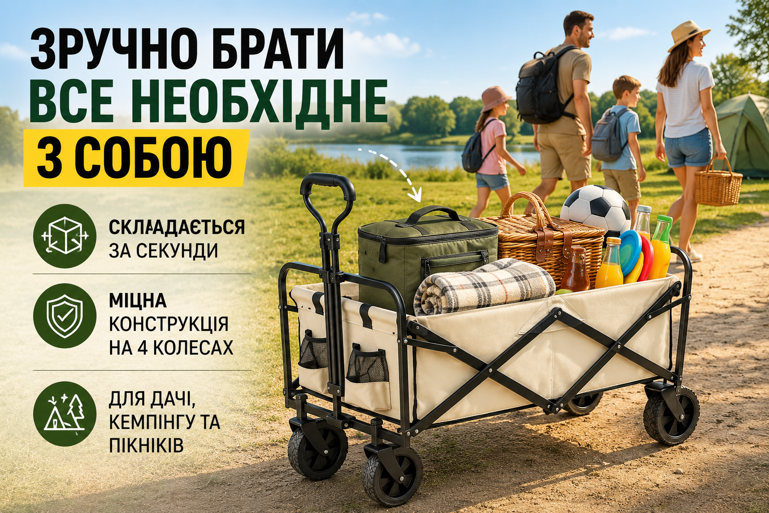 Складная тележка на 4 колесах DC-7802 для пикника, кемпинга и дачи 87×58×83 см