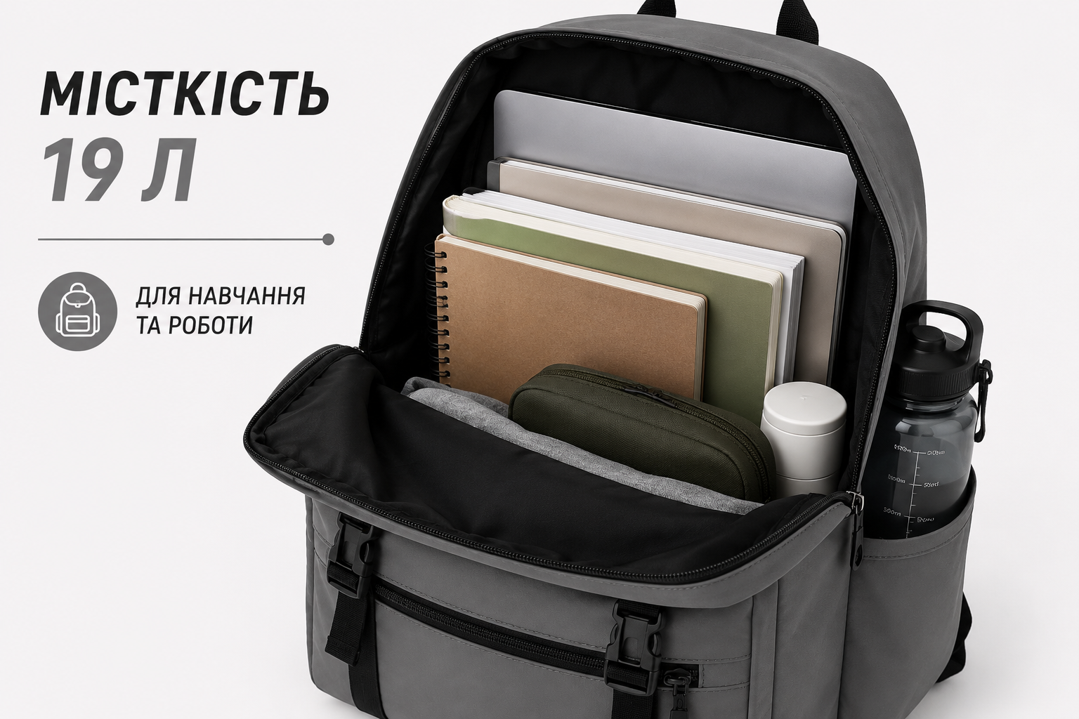 Рюкзак городской 19 л водоотталкивающий для учебы, работы и путешествий 1707 Gray