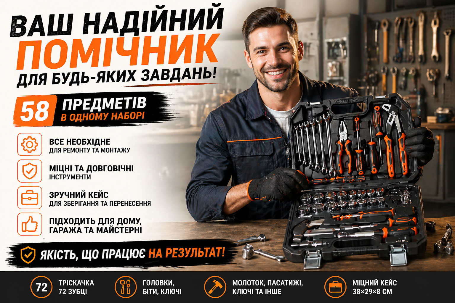 Набір інструментів 58 предметів з тріскачкою, молотком та ключами в кейсі 58-72T