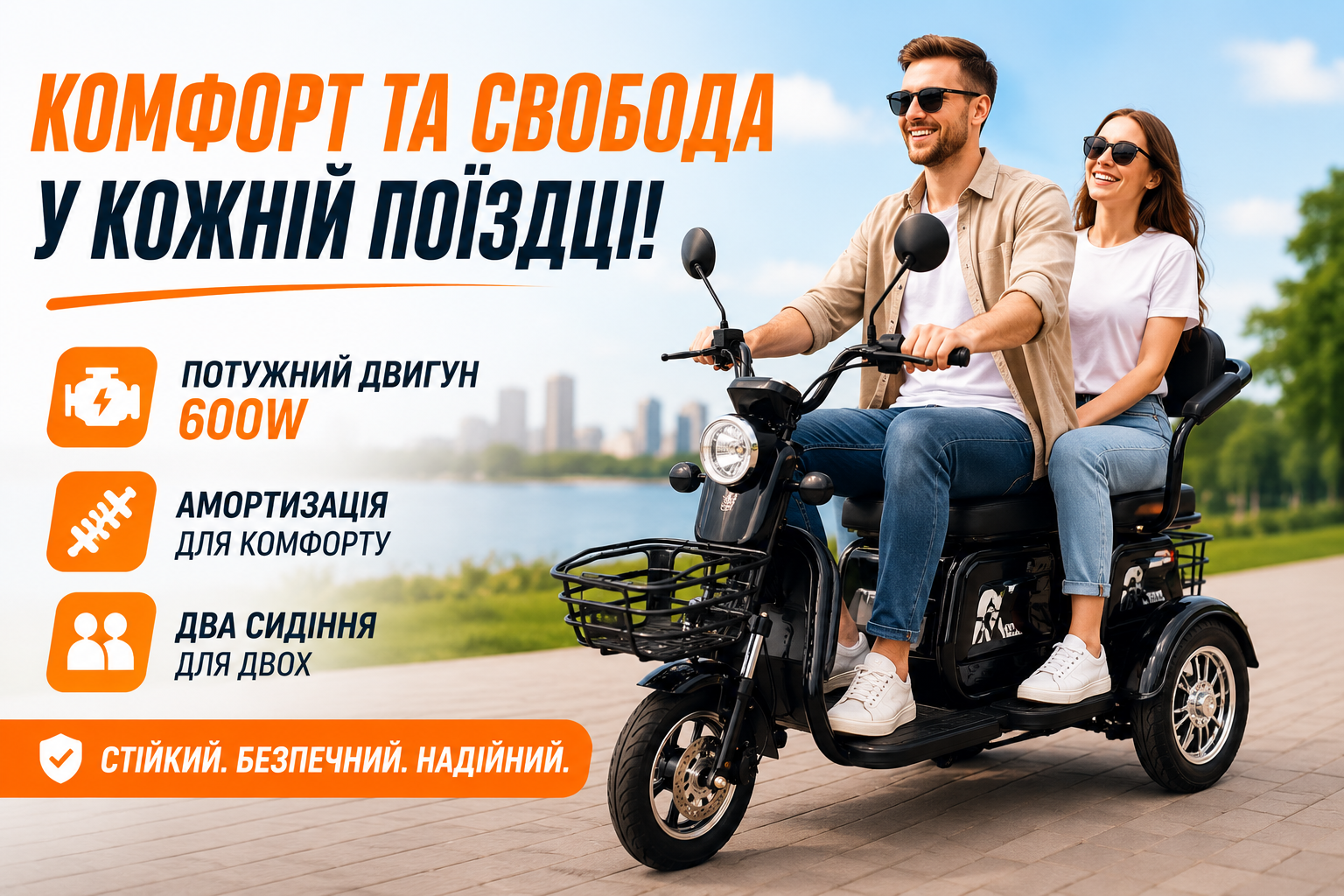 Трехколесный электроскутер TRIVARO 600W с двумя сиденьями, амортизацией и сигнализацией, черный