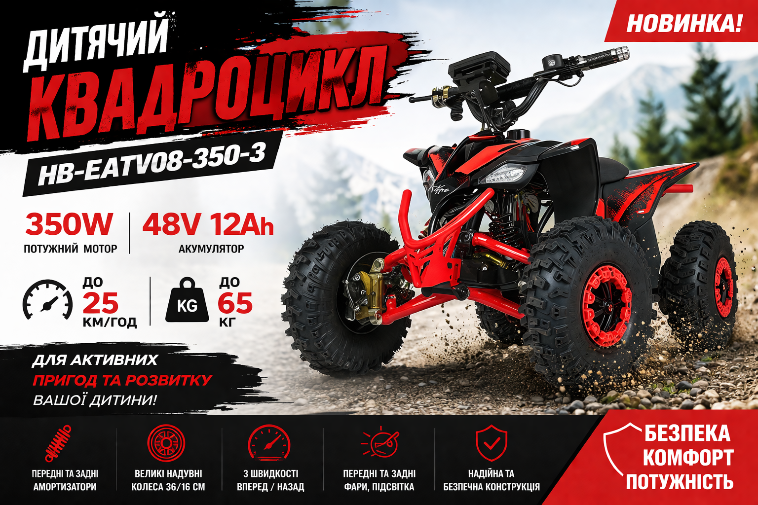 Дитячий електричний квадроцикл HB-EATV08-350-3 48V 350W, акумулятор 12Ah, швидкість до 25 км/год, червоний