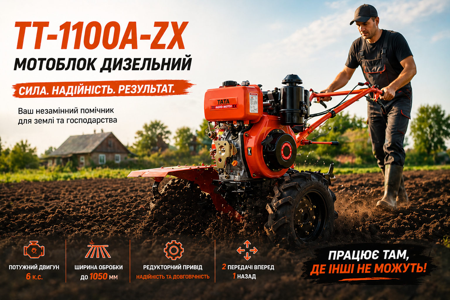 Мотоблок дизельний TT AGRO MOTO TT-1100A-ZX (редукторний, двигун 178F, 6 к.с.)