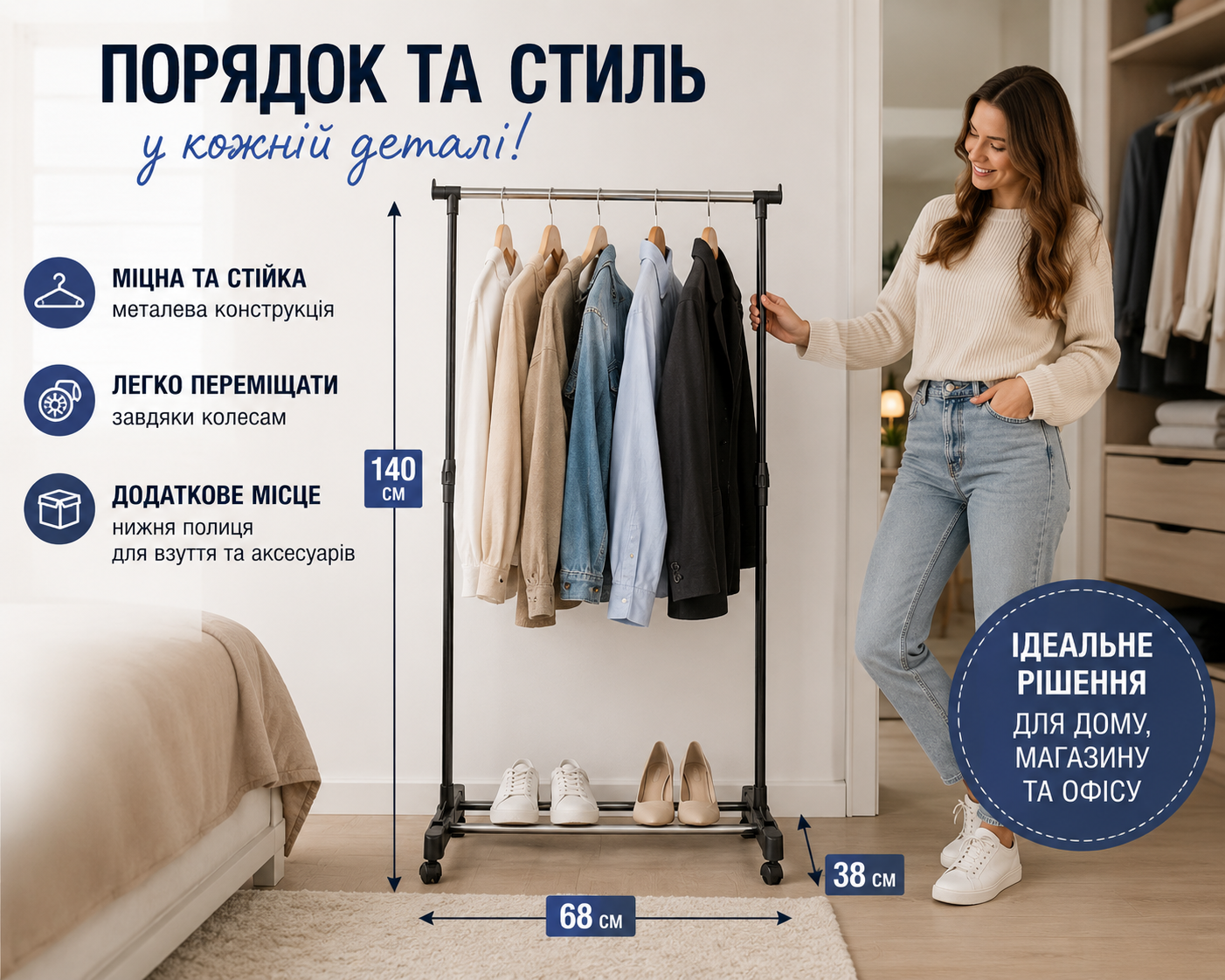 Стойка для одежды одинарная передвижная на колёсах 140×68×38 см, напольная металлическая вешалка для одежды 8007