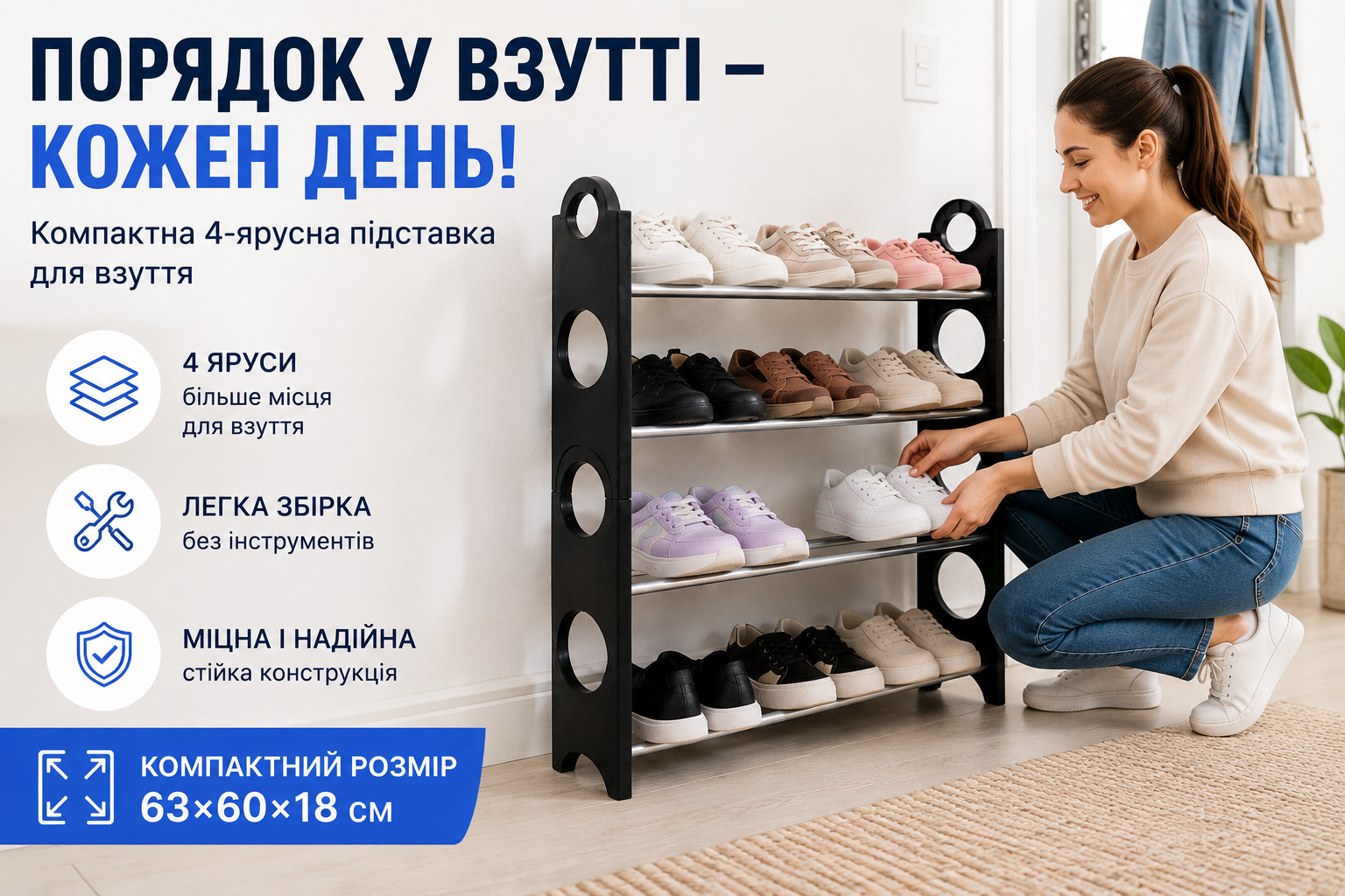 Подставка для обуви 4-ярусная 63×60×18 см, разборная полка для хранения обуви, органайзер для прихожей