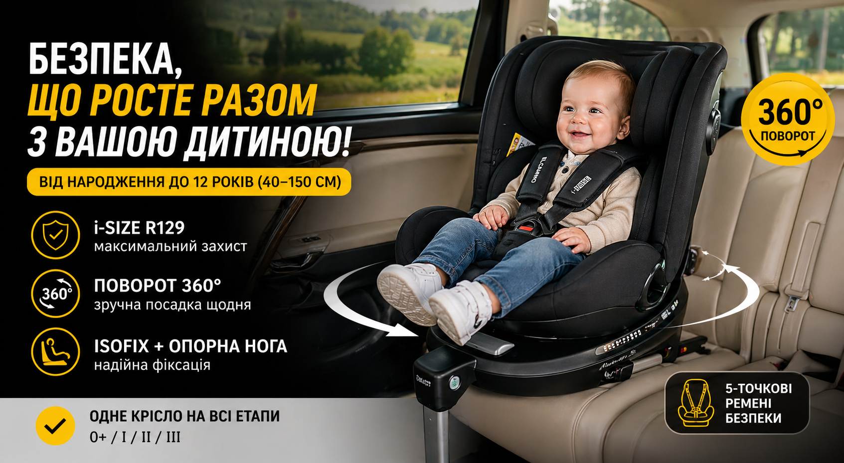 Автокрісло El Camino i-RISE ME 1207 Black ISOFIX 360° i-Size R129 (40-150 см)