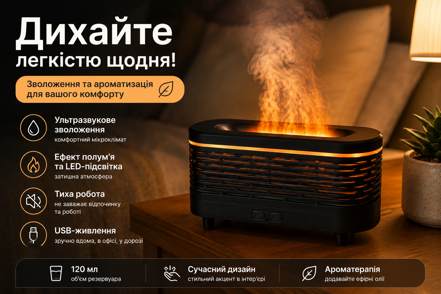 Зволожувач повітря Aroma Diffuser KP-6023B з LED-підсвічуванням 120 мл, ультразвуковий аромадифузор, чорний, 18×6×8,3 см