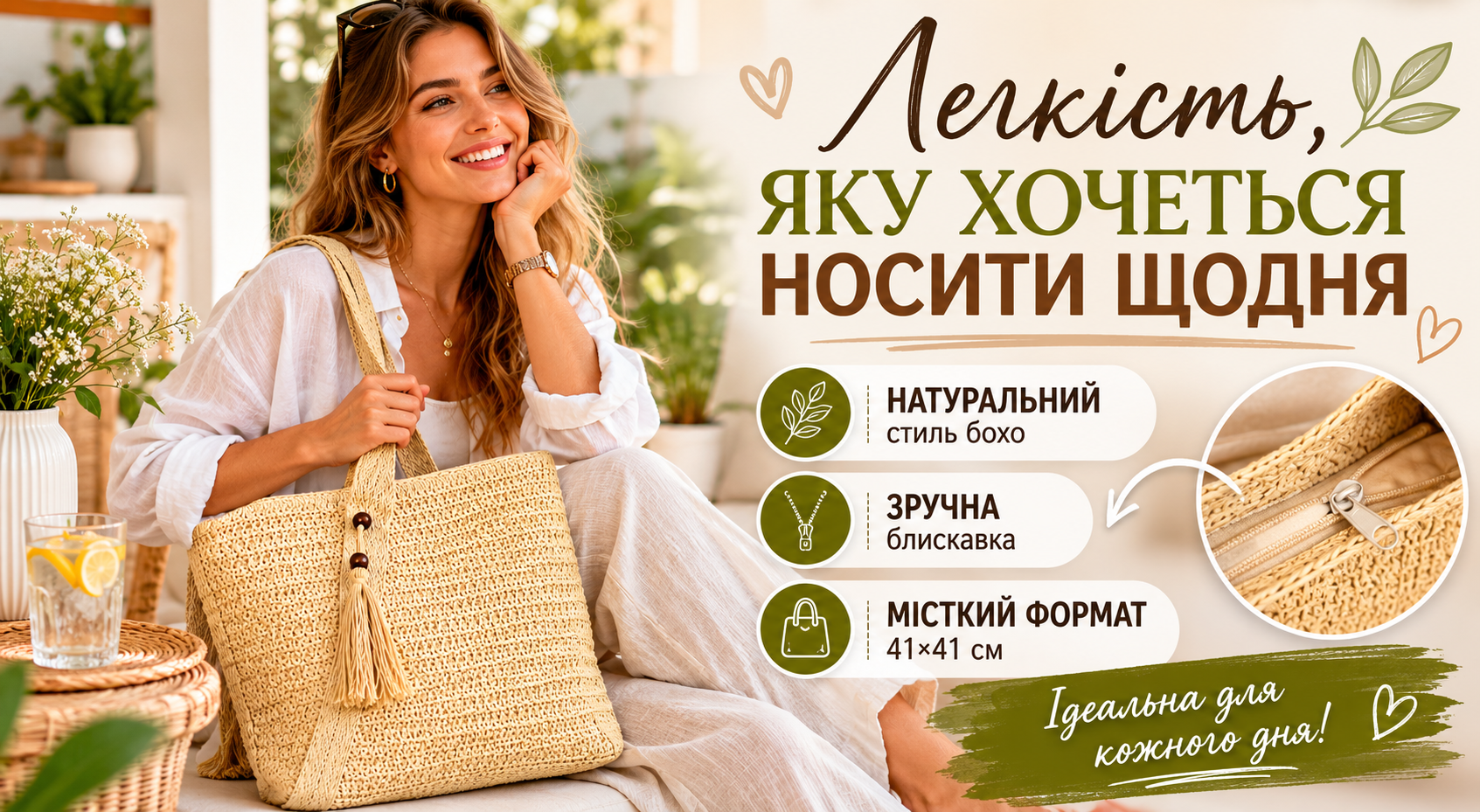 Плетеная сумка 41x41 см в натуральном стиле бохо, эко-сумка шоппер ручной работы на молнии