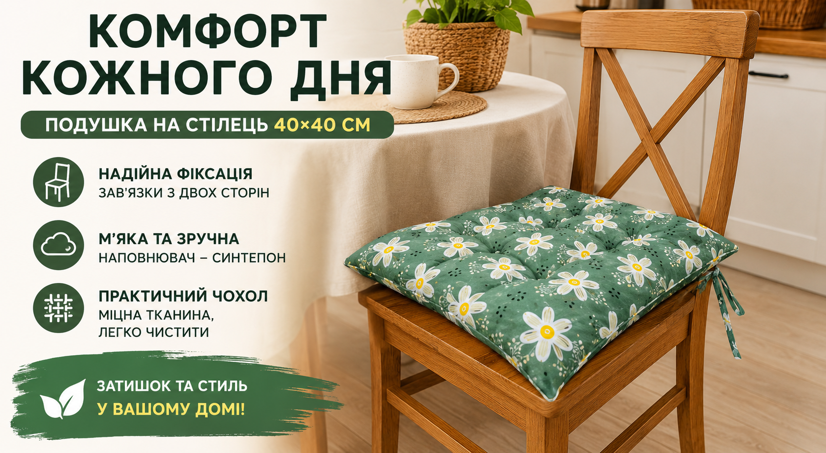 Подушка на стул 40x40 см «Ромашки» стеганая с завязками, мягкая подушка для сиденья на стул