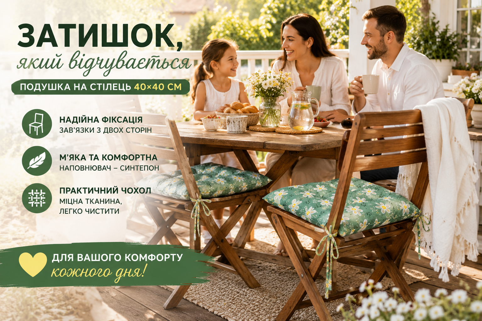 Подушка на стул 40x40 см «Ромашки» стеганая с завязками, мягкая подушка для сиденья на стул
