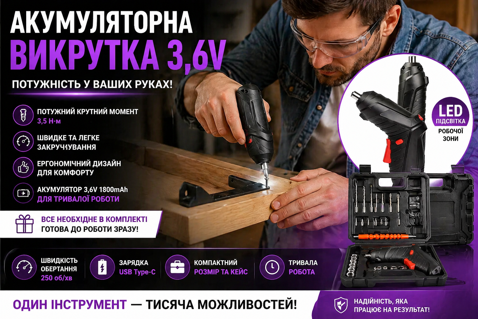 Набір акумуляторної викрутки TD-47, 47 предметів у пластиковому кейсі, 3.6V, Li-Ion, 1800 mAh