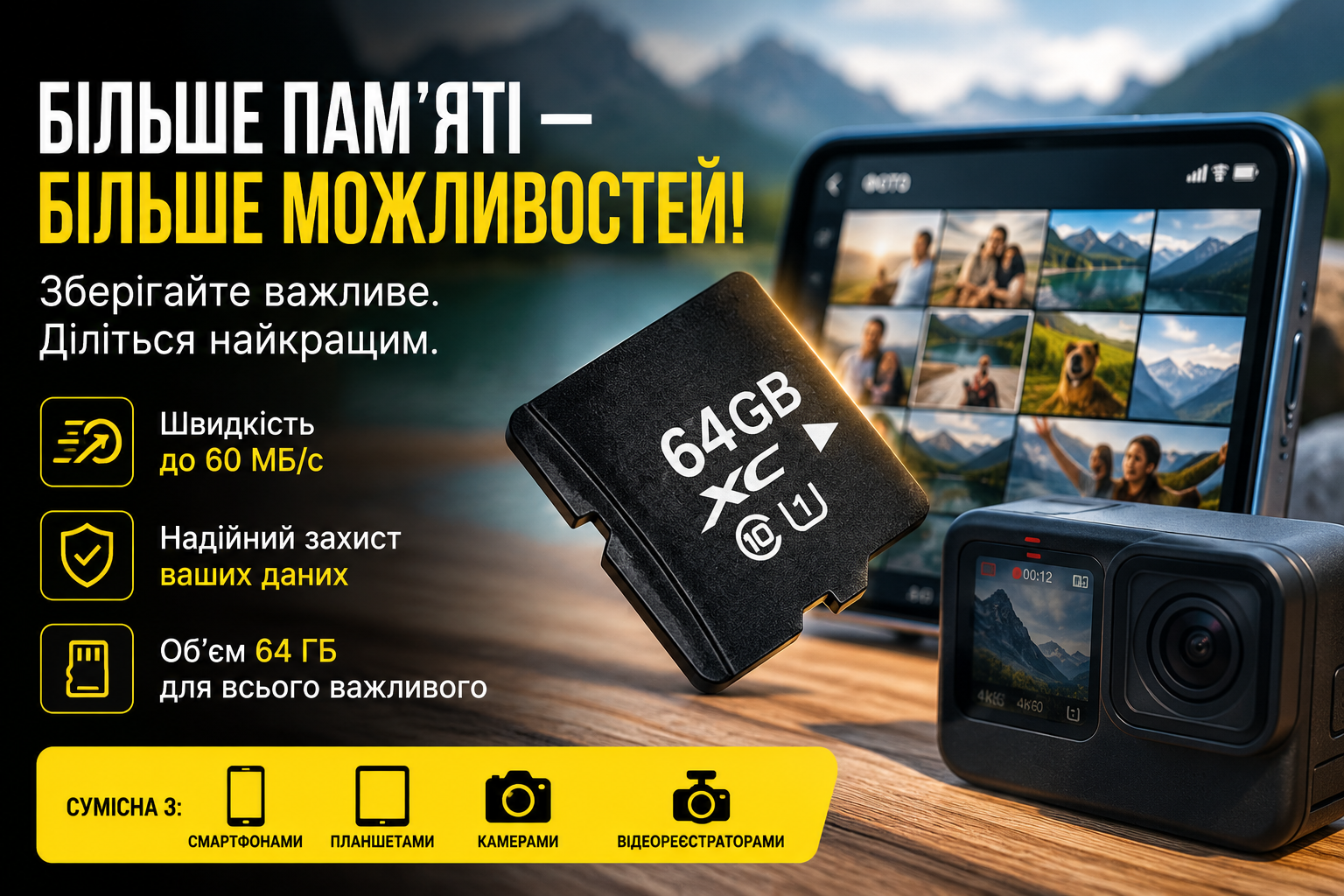 Карта памяти MicroSDXC 64GB Class 10 Memory Card для смартфона, планшета, камеры и видеорегистратора
