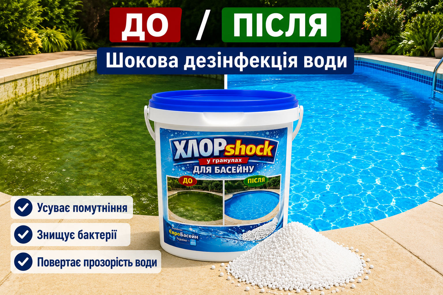 ХлорШок в гранулах для бассейна 2 кг – быстродействующий шок-хлор для ударной дезинфекции воды