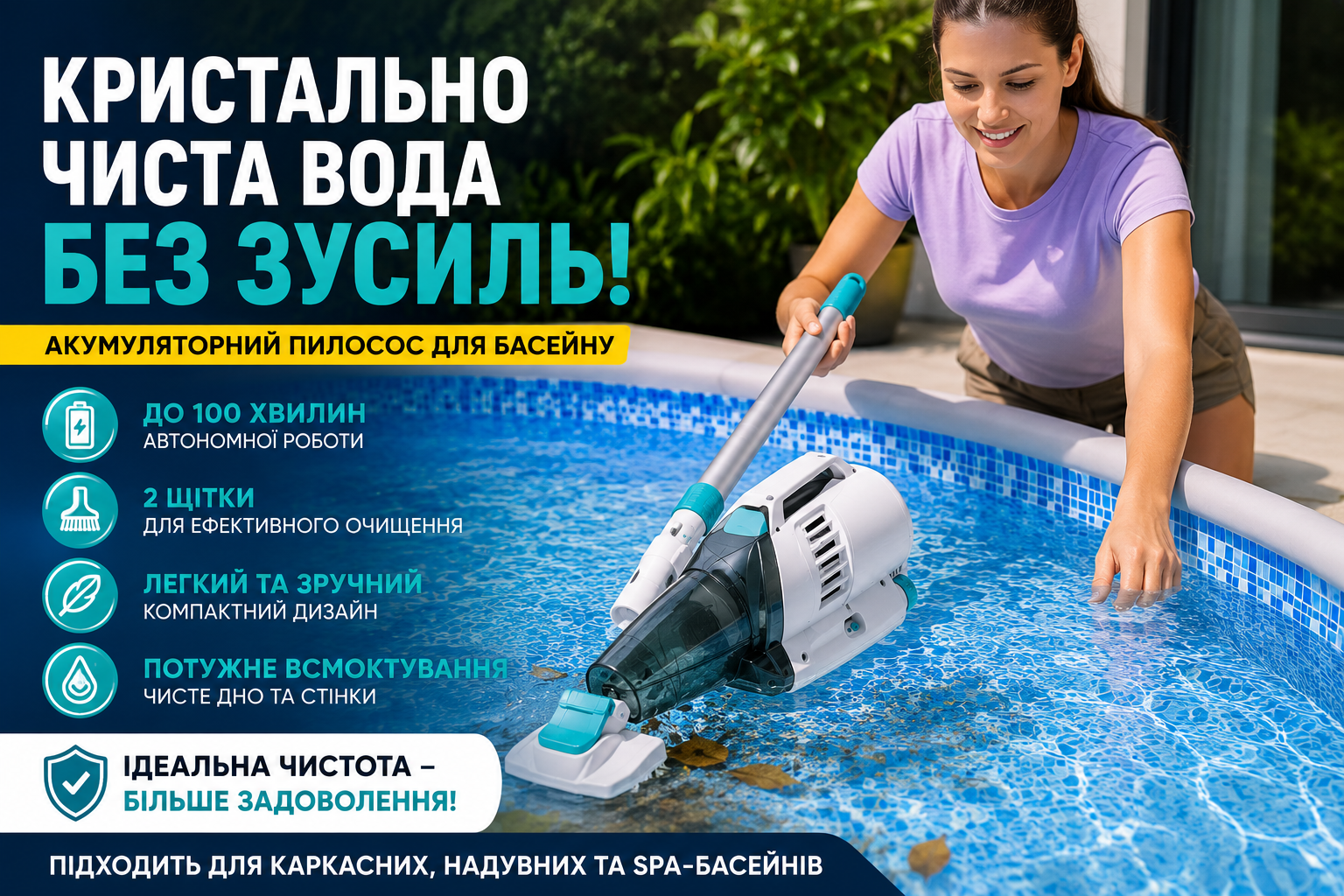 Аккумуляторный пылесос для бассейна Intex ZX300 28628 с телескопической ручкой и двумя щетками