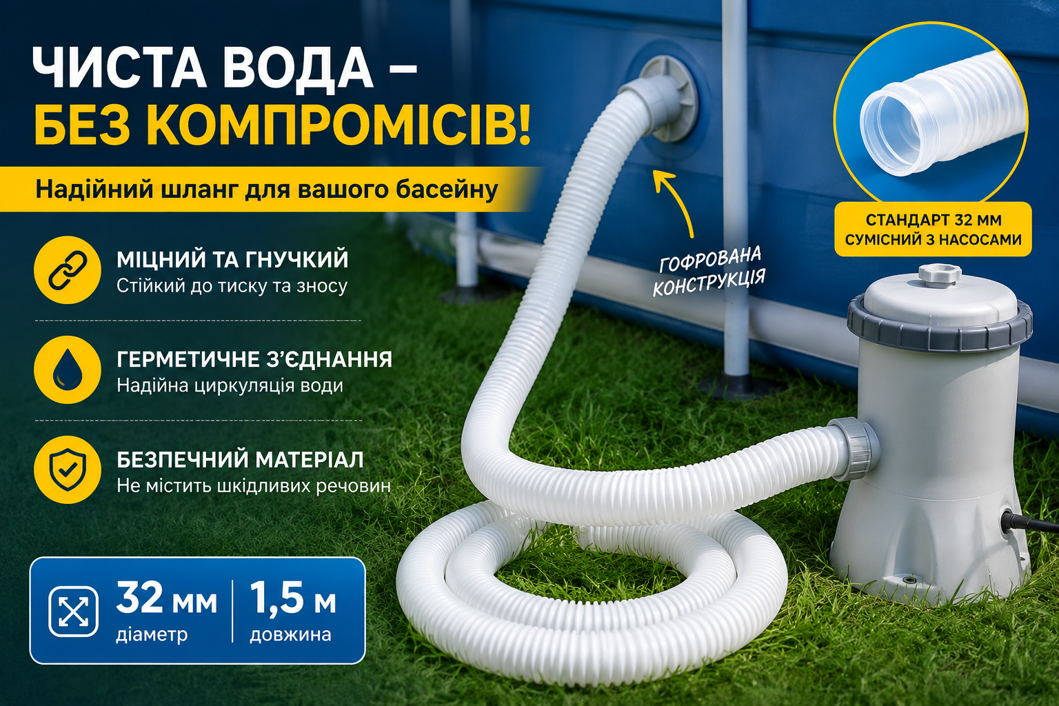 Шланг для картриджного насоса Intex 29059, 32 мм, 1,5 м, гофрированный шланг для бассейна