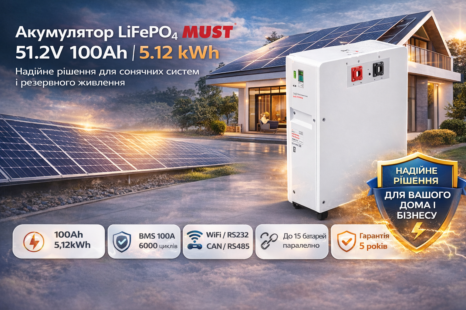  Акумулятор LiFePO4 MUST LP16-48100 51.2V 100Ah 5.12kWh, BMS 100A, CAN/RS232/RS485, настінний