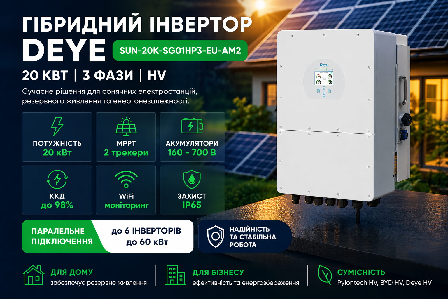 Инвертор Deye SUN-20K-SG01HP3-EU-AM2 20 кВт (3 фазы, HV)