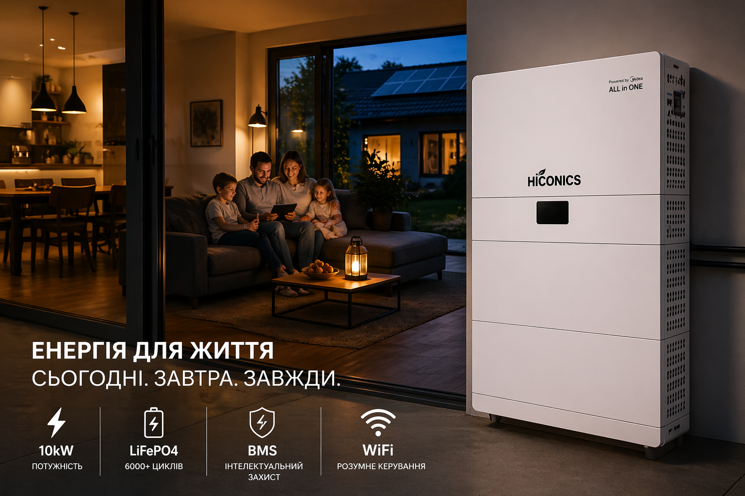 Система резервного питания для дома Hiconics Midea 10kW / 10kWh LiFePO4, гибридный инвертор 6kW, BMS, WiFi, IP65
