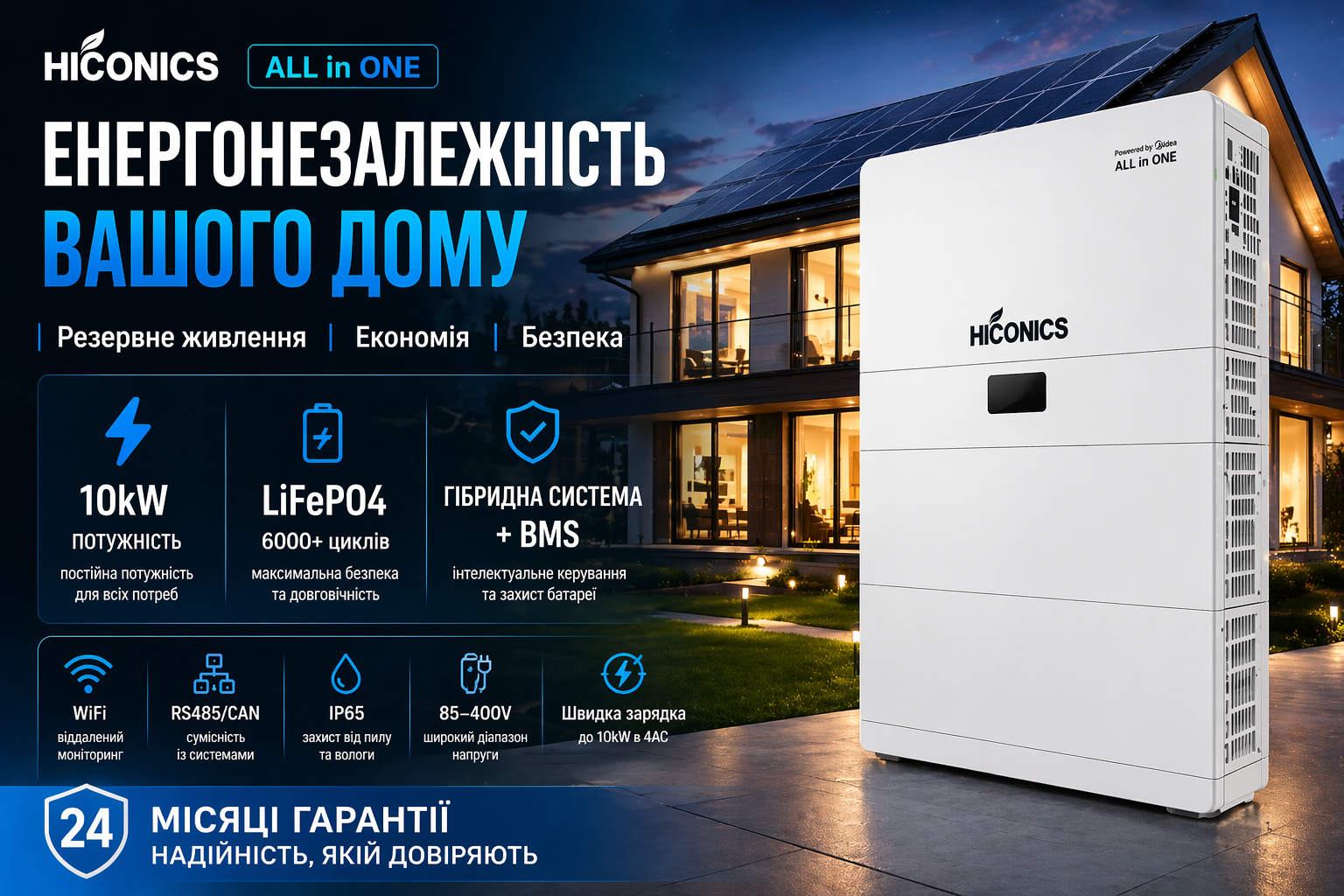Система резервного живлення для дому Hiconics Midea 10kW / 10kWh LiFePO4, гібридний інвертор 6kW, BMS, WiFi, IP65