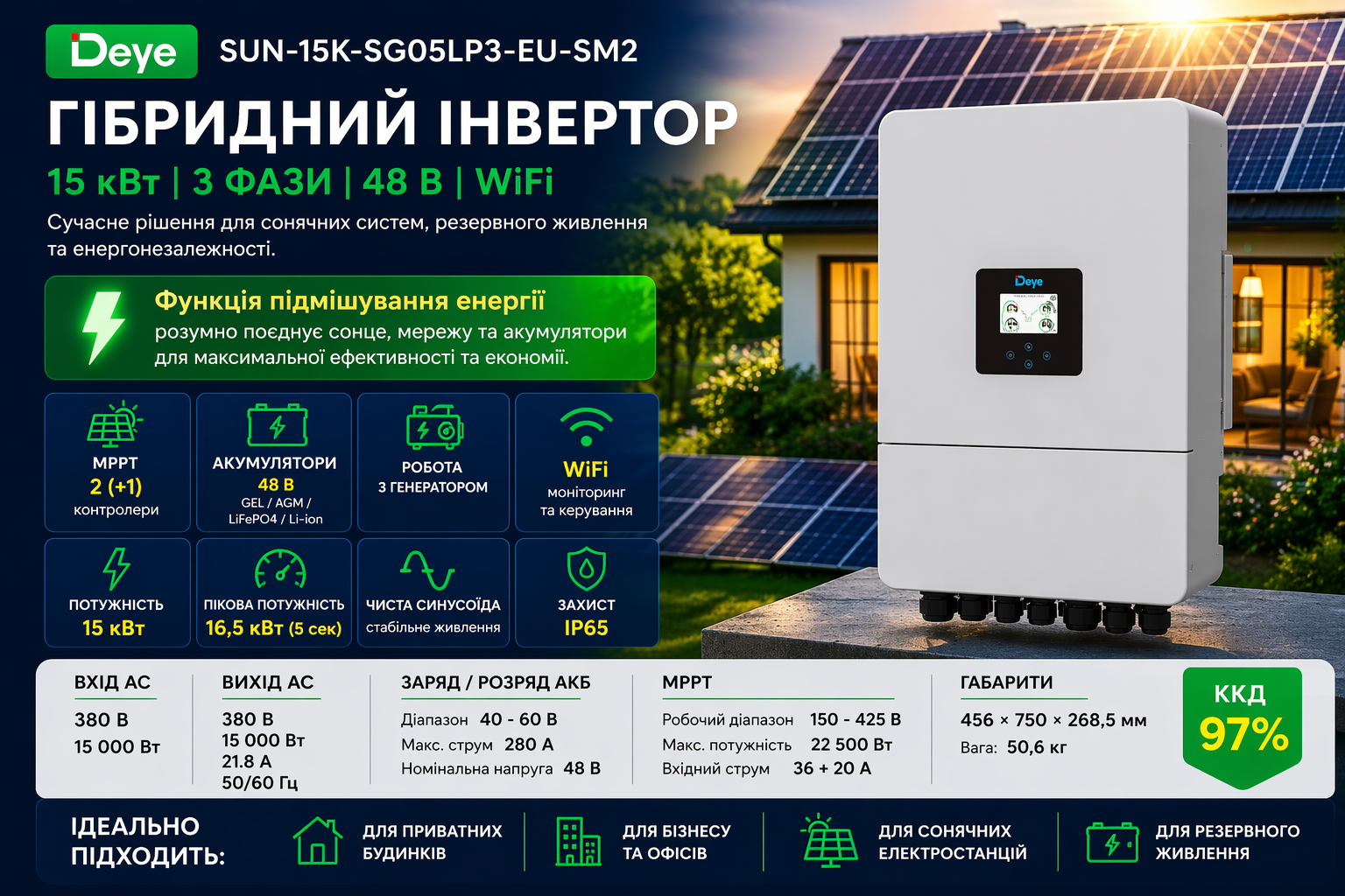 Инвертор Deye SUN-15K-SG05LP3-EU-SM2 15 кВт (3 фазы, WiFi)