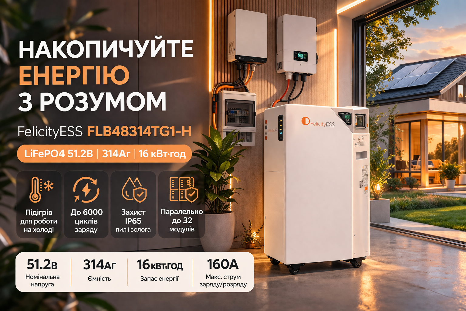 Акумулятор LiFePO4 FelicityESS FLB48314TG1-H 51.2V 314Ah 16kWh (з підігрівом, BMS 160A, IP65, CAN/RS485)