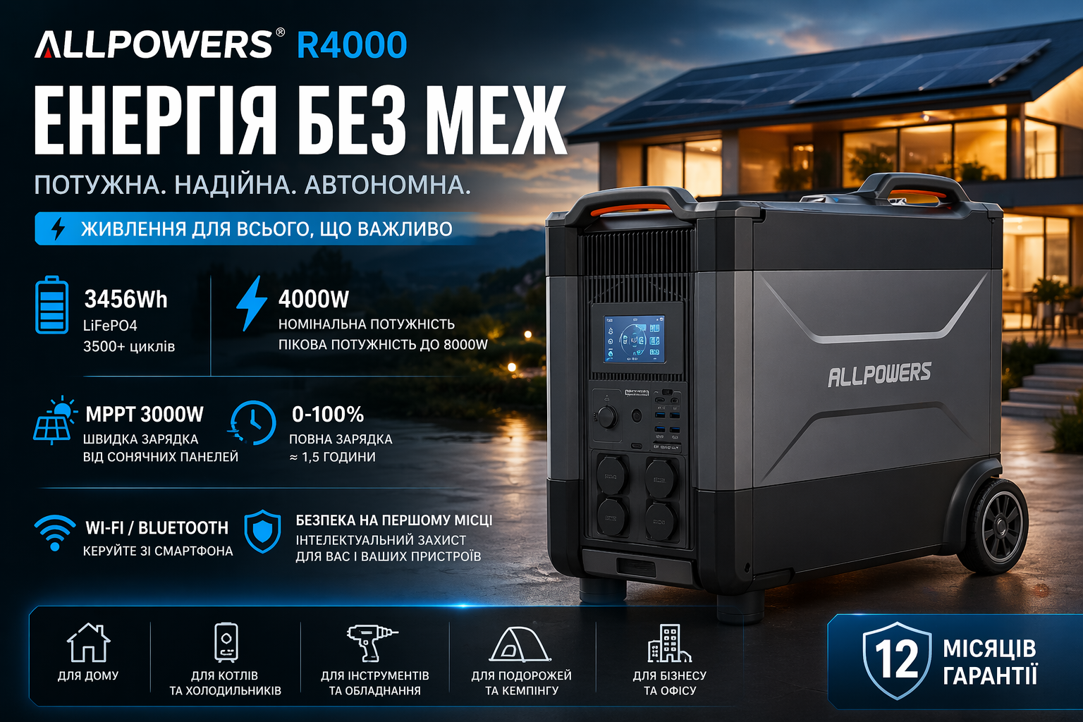 Портативна зарядна станція ALLPOWERS R4000 3456Wh 4000W LiFePO4 Wi-Fi MPPT 3000W