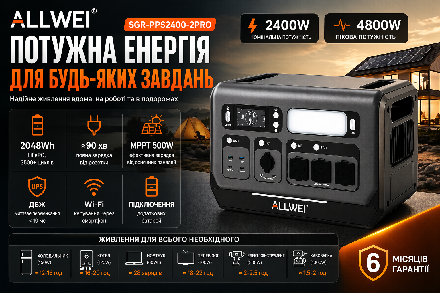Портативна зарядна станція ALLWEI SGR-PP 2048Wh 2400W (LiFePO4, MPPT 500W, 3×220В, XT60, DC, USB)