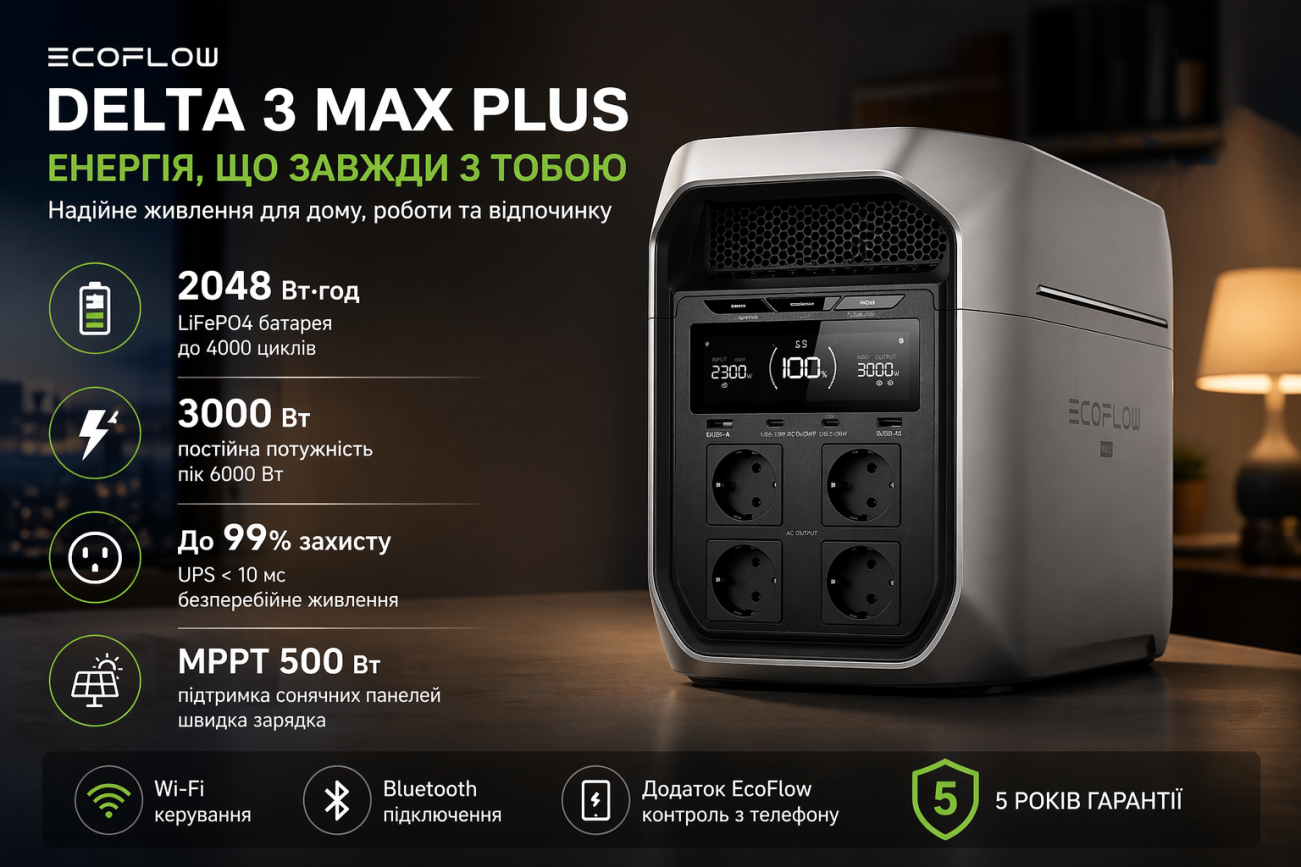 Портативна зарядна станція EcoFlow DELTA 3 Max Plus 2048Wh 3000W LiFePO4, UPS, MPPT 500W, Wi-Fi, Bluetooth