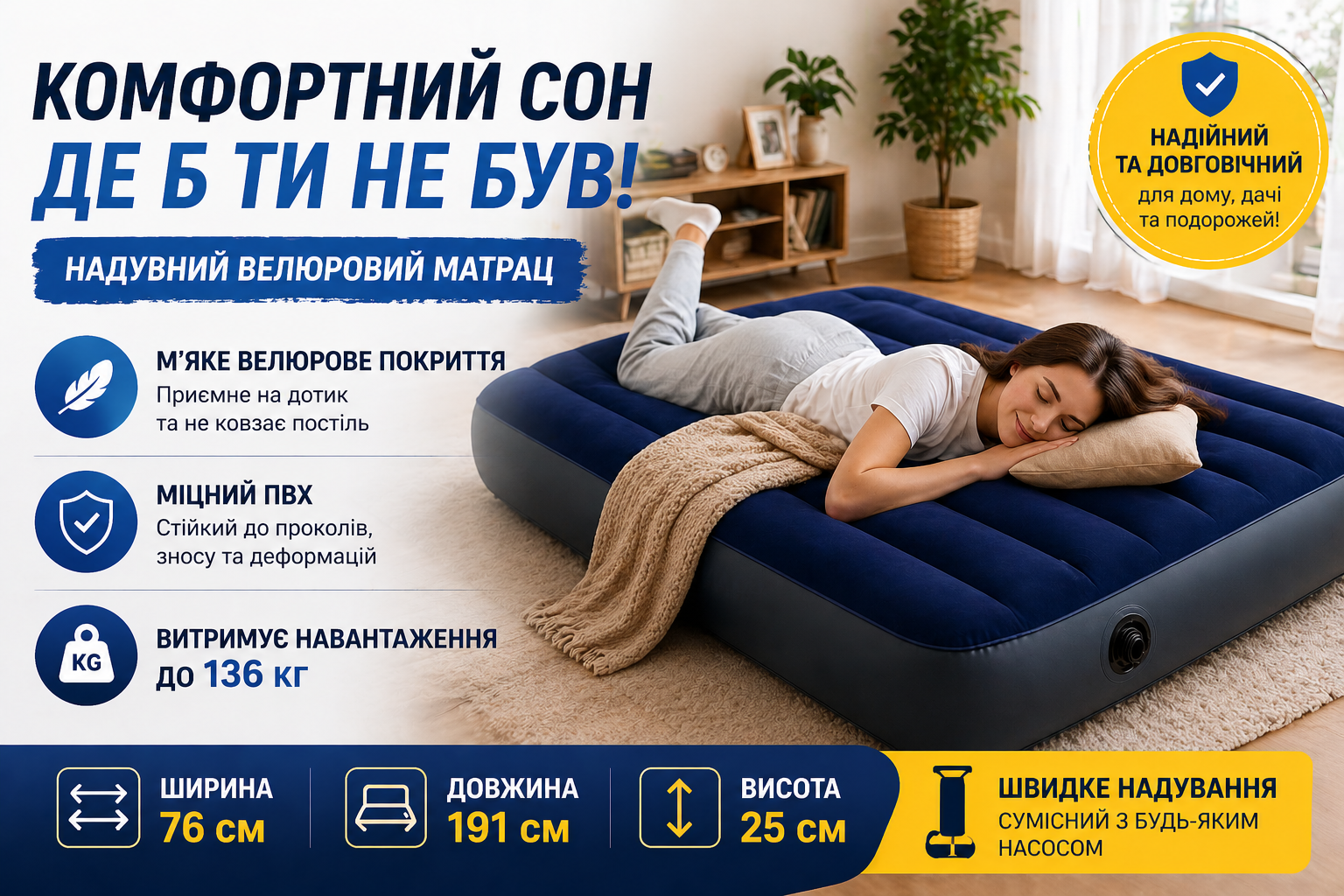 Надувний велюровий матрац Intex 64756 односпальний 76×191×25 см синій