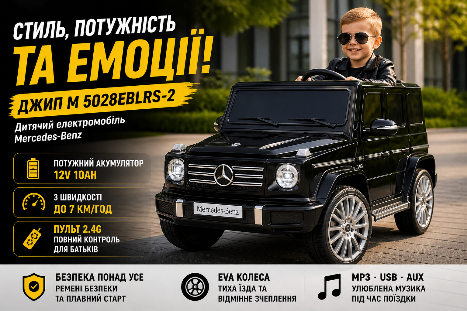 Детский электромобиль джип M 5028EBLRS-2 Mercedes-Benz, 4x25W, 12V10Ah, пульт 2.4G, EVA колеса