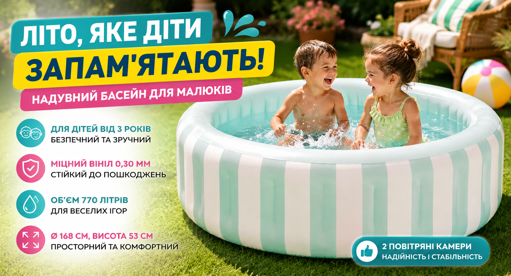 Дитячий надувний басейн Intex 56182 «Люкс» 168 x 53 см, 770 л, круглий, біло-блакитний
