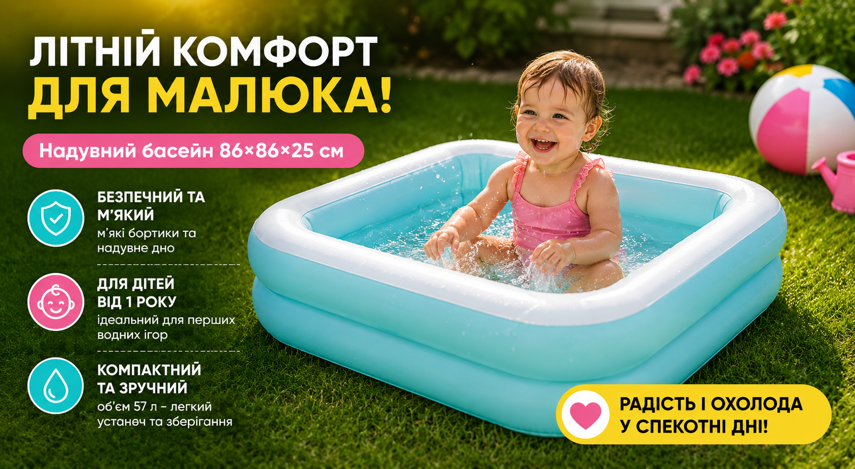 Дитячий надувний басейн Intex 57100 квадратний 86x86x25 см з надувним дном, 57 л
