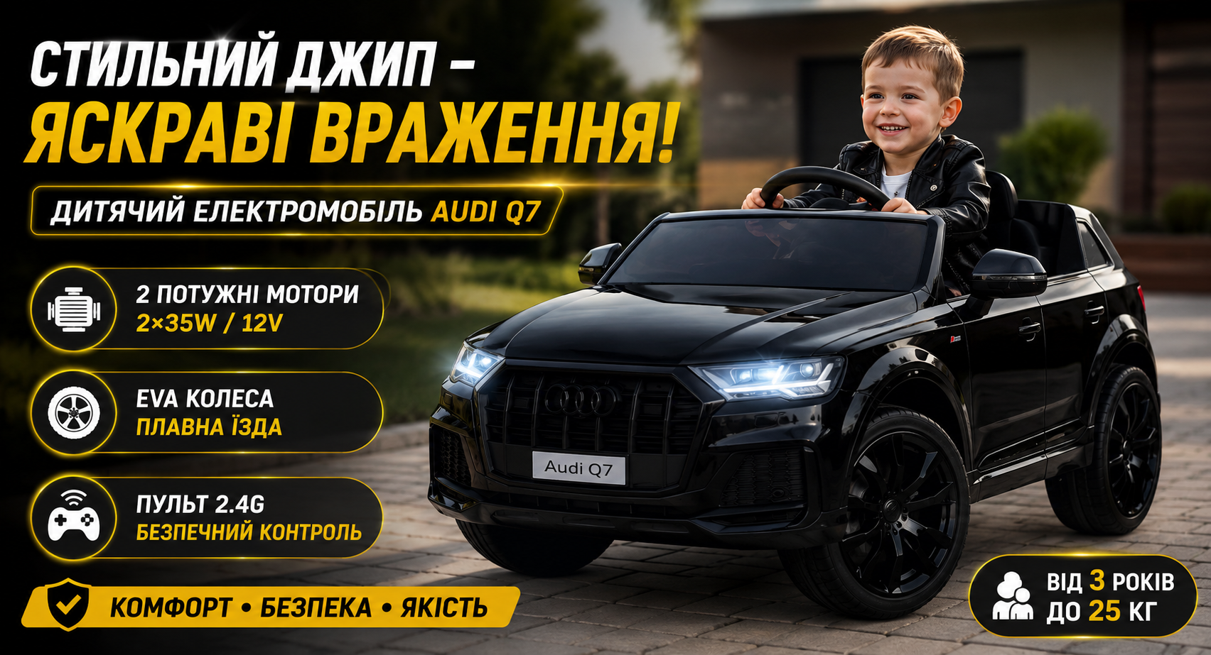 Дитячий електромобіль Audi Q7 M 5796EBLR-2 чорний, 2 мотори 35W, EVA колеса, шкіряне сидіння, пульт 2.4G, Bluetooth