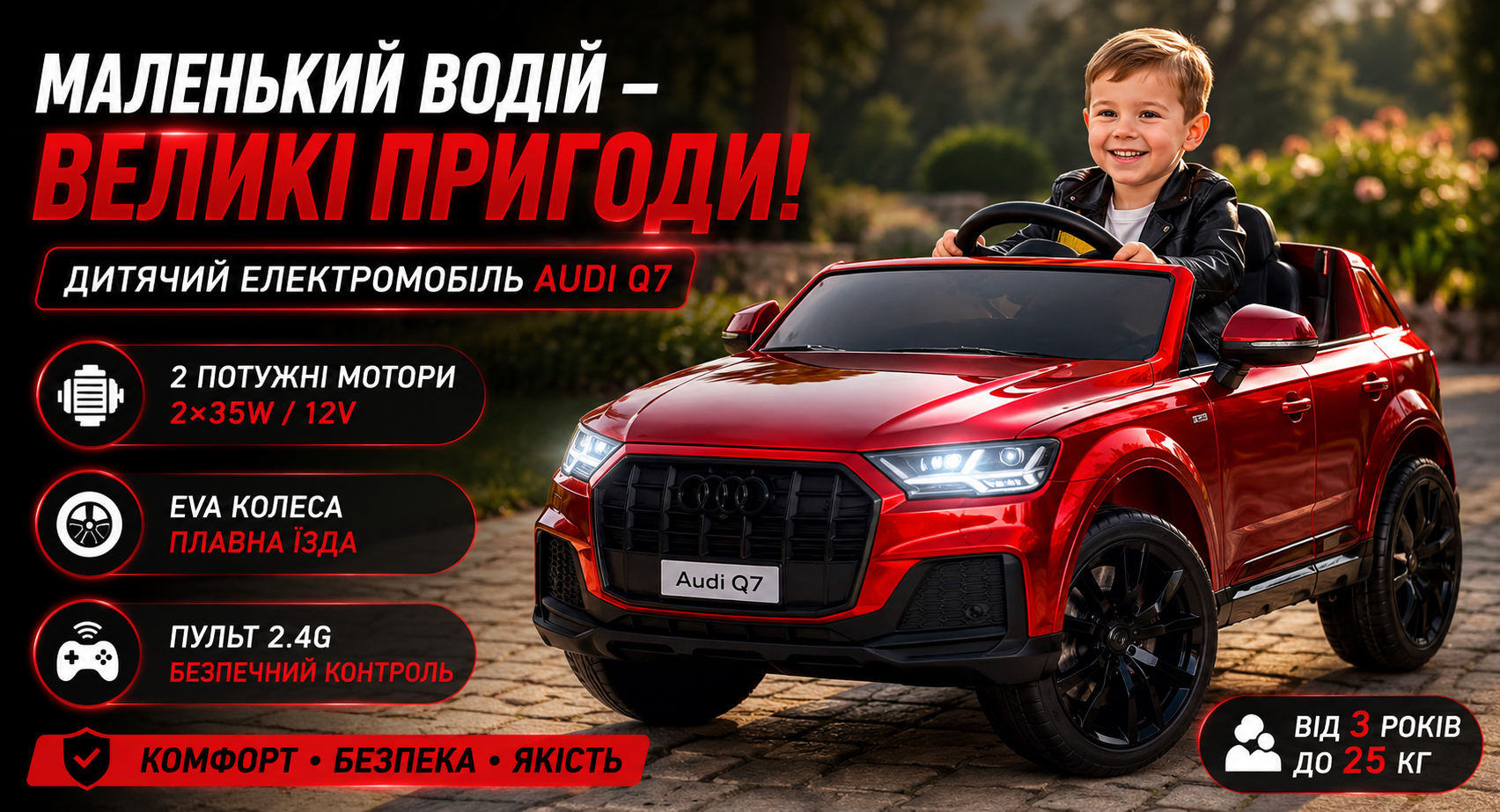 Детский электромобиль Audi Q7 M 5796EBLRS-3 красный, 2 мотора 35W, EVA колеса, кожаное сиденье, пульт 2.4G