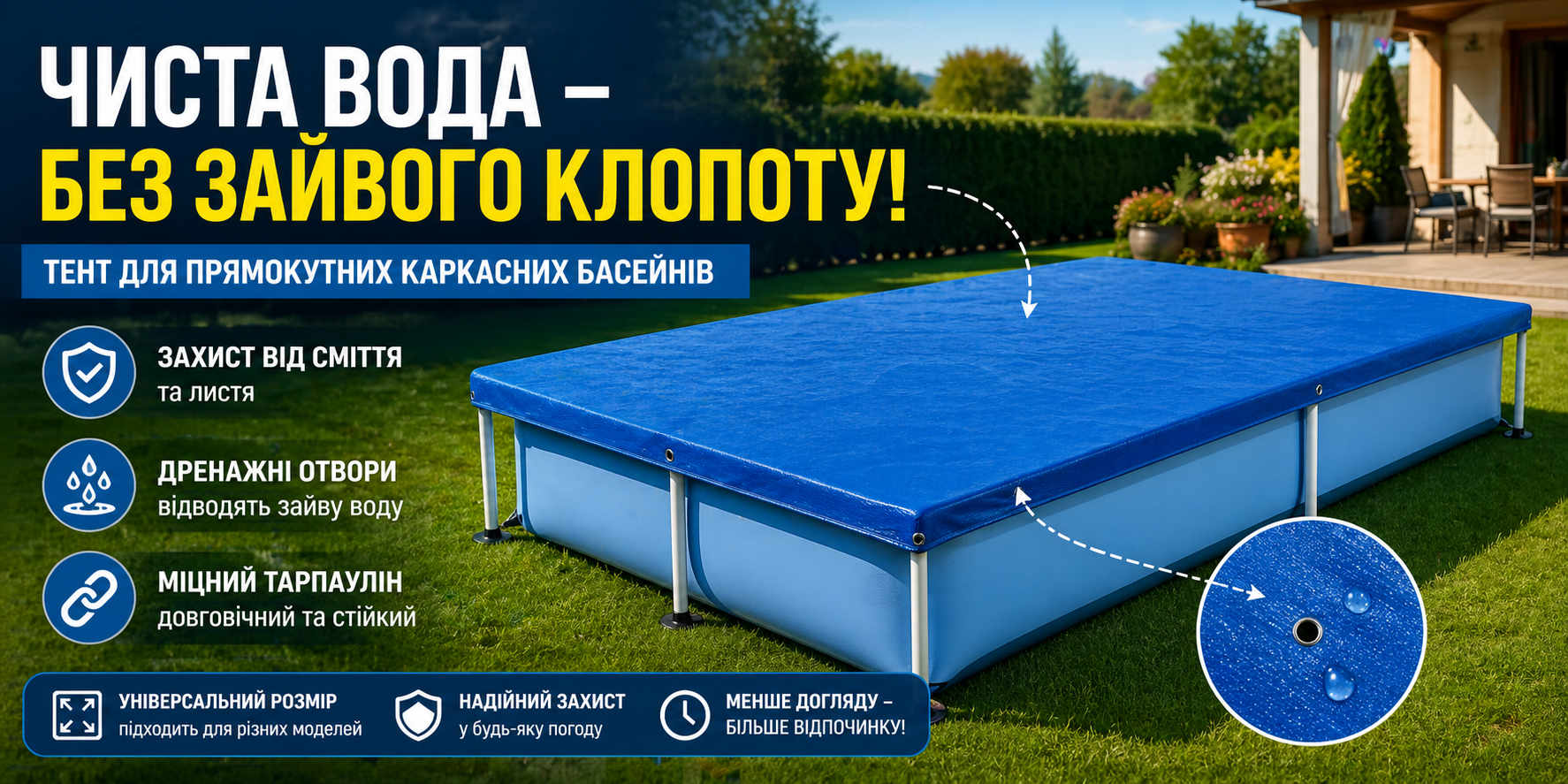 Тент для каркасного прямокутного басейну 221×150 см Bestway 58103, захисний чохол, тарпаулін 0.18 мм