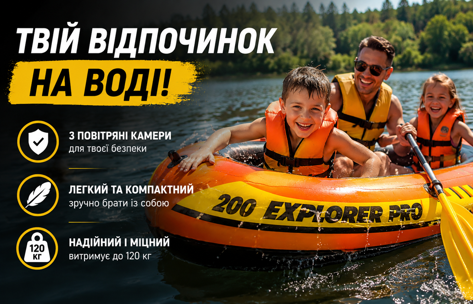 Надувная лодка Intex Explorer Pro 200 58356, 196×102×33 см, 1-местная, 3-камерная, до 120 кг
