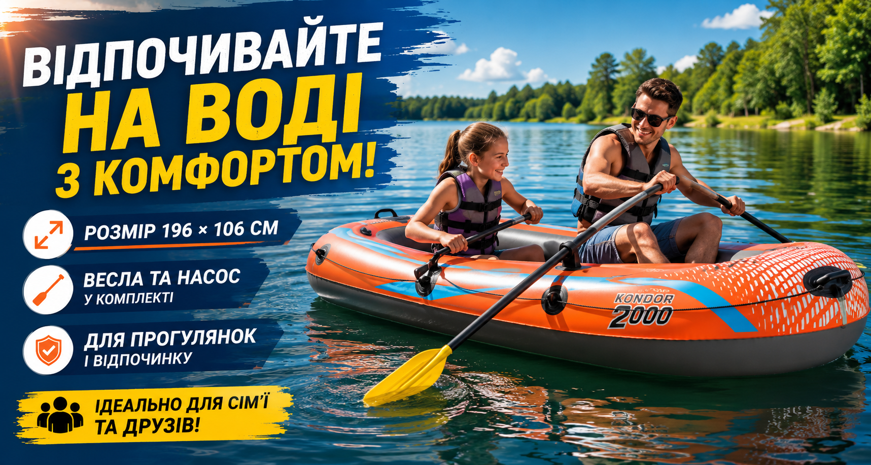 Надувний човен Bestway Kondor 2000 61141 196×106 см з веслами та ножним насосом
