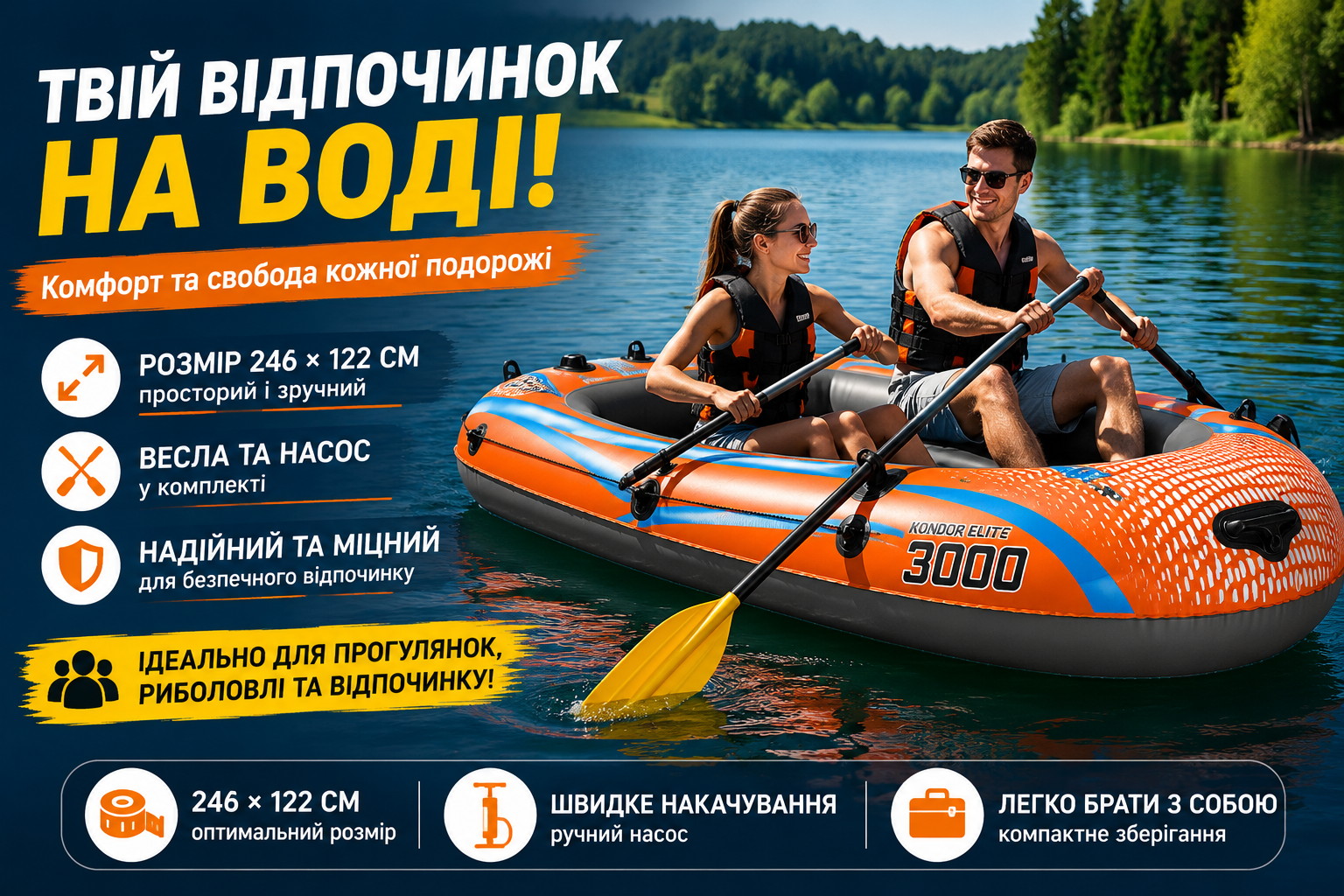 Надувная лодка Bestway Kondor Elite 3000 61145 246×122 см с вёслами, ручным насосом и ремонтной латкой
