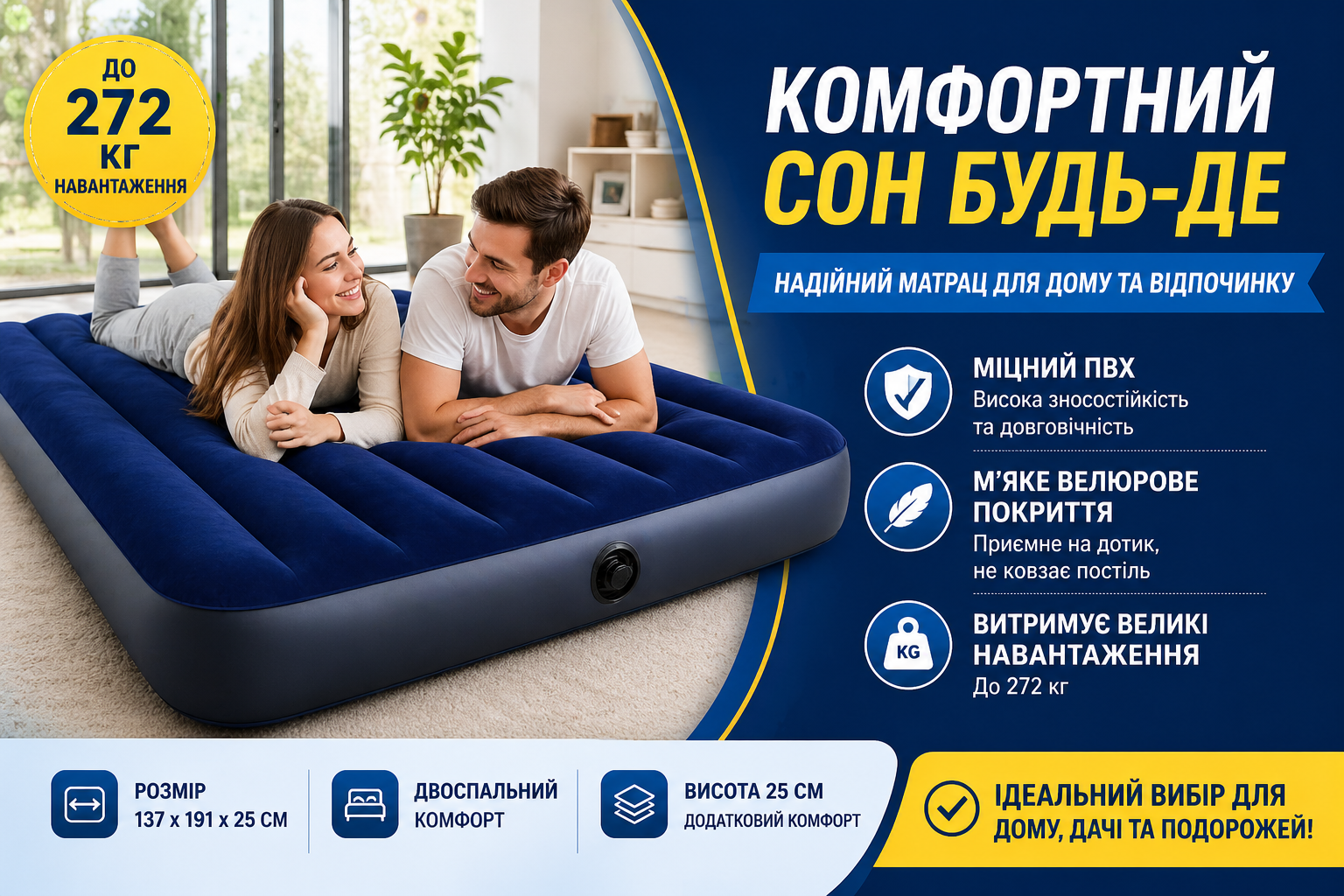 Надувний велюровий матрац Intex 64758 двоспальний 137x191x25 см синій