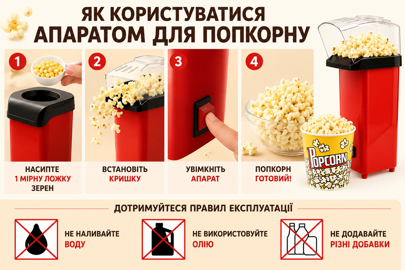 Попкорниця Popcorn Maker для дітей та дому 1200 Вт — апарат для приготування попкорну без олії